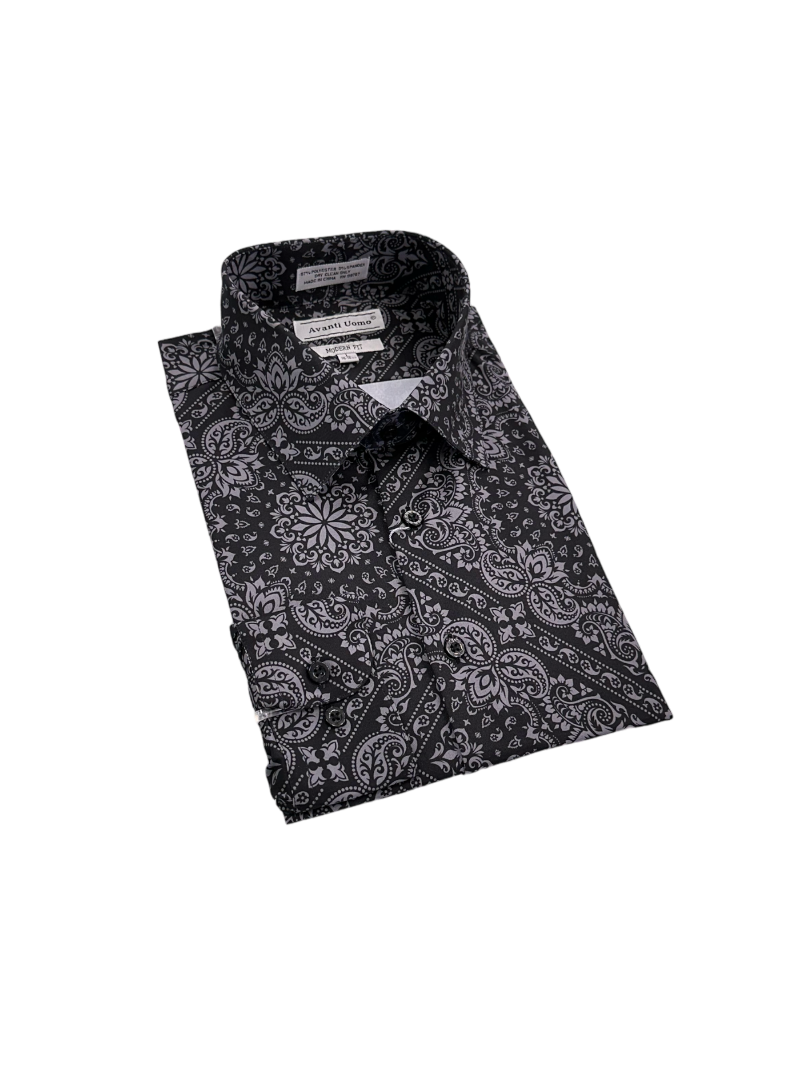 Black Grey Men's Fashion Design Paisley Dress Shirts Long Sleeves By Avanti Uomo