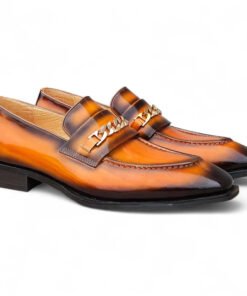 Carrucci Cognac Shoes Patent Leather Gold Chain Slip-on Loafer KS303-06P