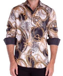 Men's Cheetah & Chain Silk Texture Long Sleeve Dress Shirt White Color
