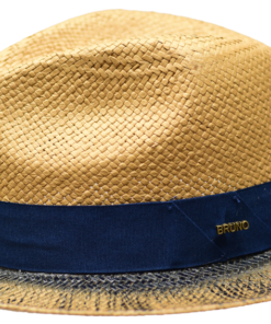 Cognac/Navy Men's Bruno Capelo Castro Fedora Hat Natural Shantung Straw - PANAMA