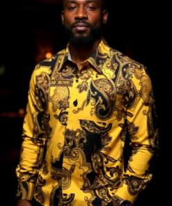 Black and Gold Paisley Print Long Sleeve Men's Dress casual Shirts