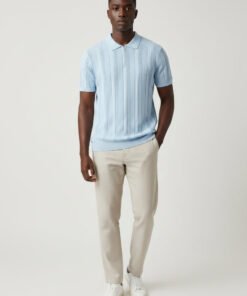 Men's Sky Blue Kint Polo zip collar Shirt - Textured Slim Fit