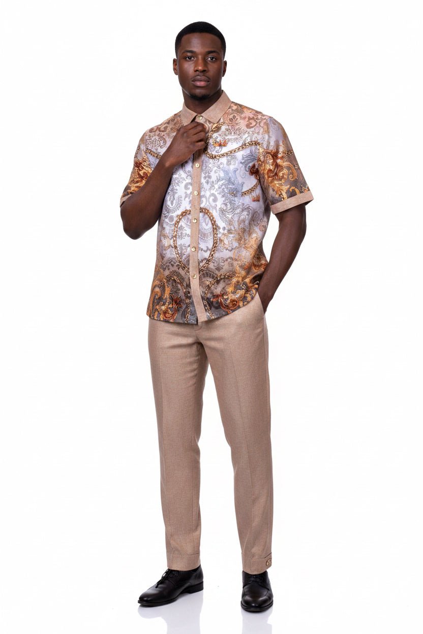 Khaki Men's Linen Outfit Set Pants and Shirt LUX-660 Prestige