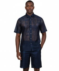 Prestige Navy Lace Design Men Summer Short Sets Button Down Shirt # LSS-500