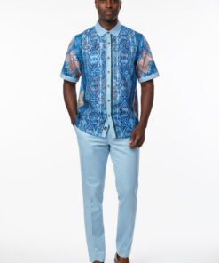 Light Blue Men's Linen Outfit Set Pants and Shirt LUX-660 Prestige