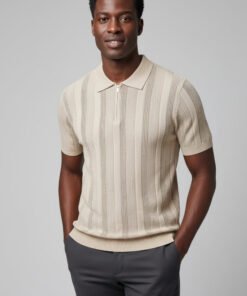 Men's Tan Kint Polo zip collar Shirt - Textured Slim Fit