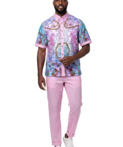 Pink Multicolor Men's Linen Outfit Set Pants and Shirt LUX-660 Prestige