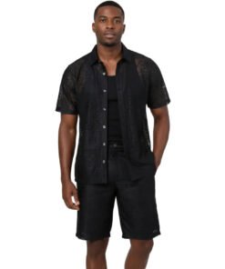 Prestige Black Lace Design Men Summer Short Sets Button Down Shirt # LSS-500