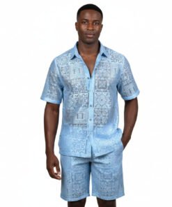 Prestige Blue Lace Design Men Summer Short Sets Button Down Shirt # LSS-500