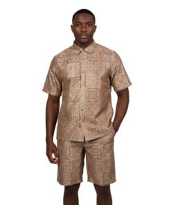 Prestige Taupe Lace Design Men Summer Short Sets Button Down Shirt # LSS-500