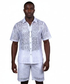 Prestige White Lace Design Men Summer Short Sets Button Down Shirt # LSS-500