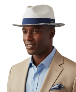 White/Blue Men's Bruno Capelo Castro Fedora Hat Natural Shantung Straw - PANAMA