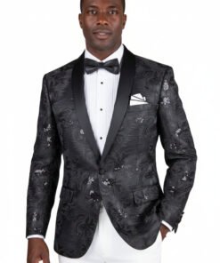 Black Men's Slim-Fit Embroidery Floral Tuxedo Blazer - Shawl Lapel BSF-13