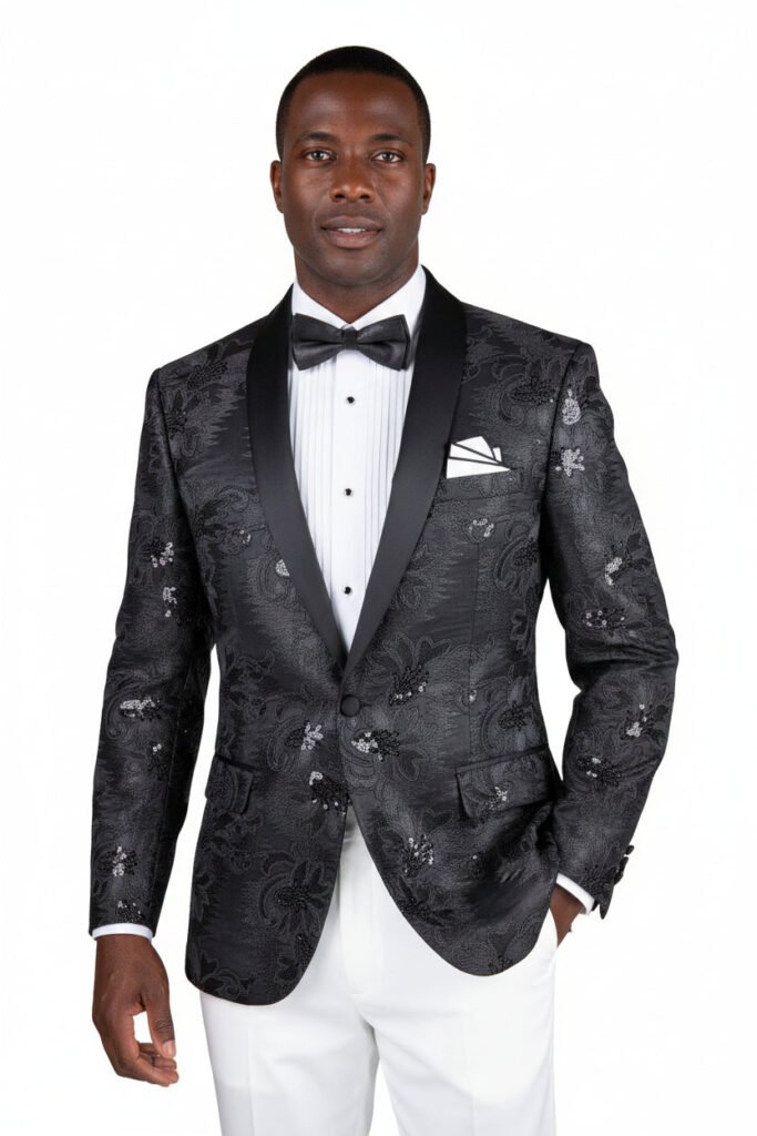 Black Men's Slim-Fit Embroidery Floral Tuxedo Blazer - Shawl Lapel BSF-13