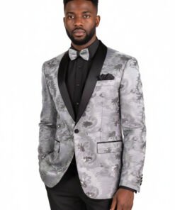 Sliver Grey Men's Slim-Fit Embroidery Floral Tuxedo Blazer - Shawl Lapel BSF-13