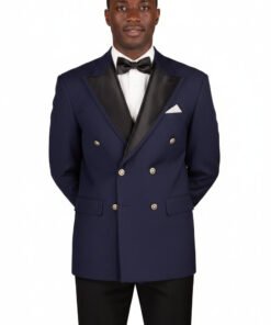 Men's Navy Blue Double-Breasted Black Satin Peak Lapel Tuxedo Jacket