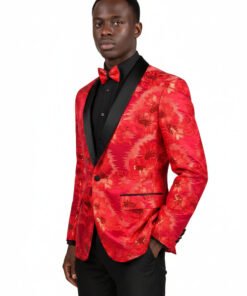 Red Men's Slim-Fit Embroidery Floral Tuxedo Blazer - Shawl Lapel BSF-13
