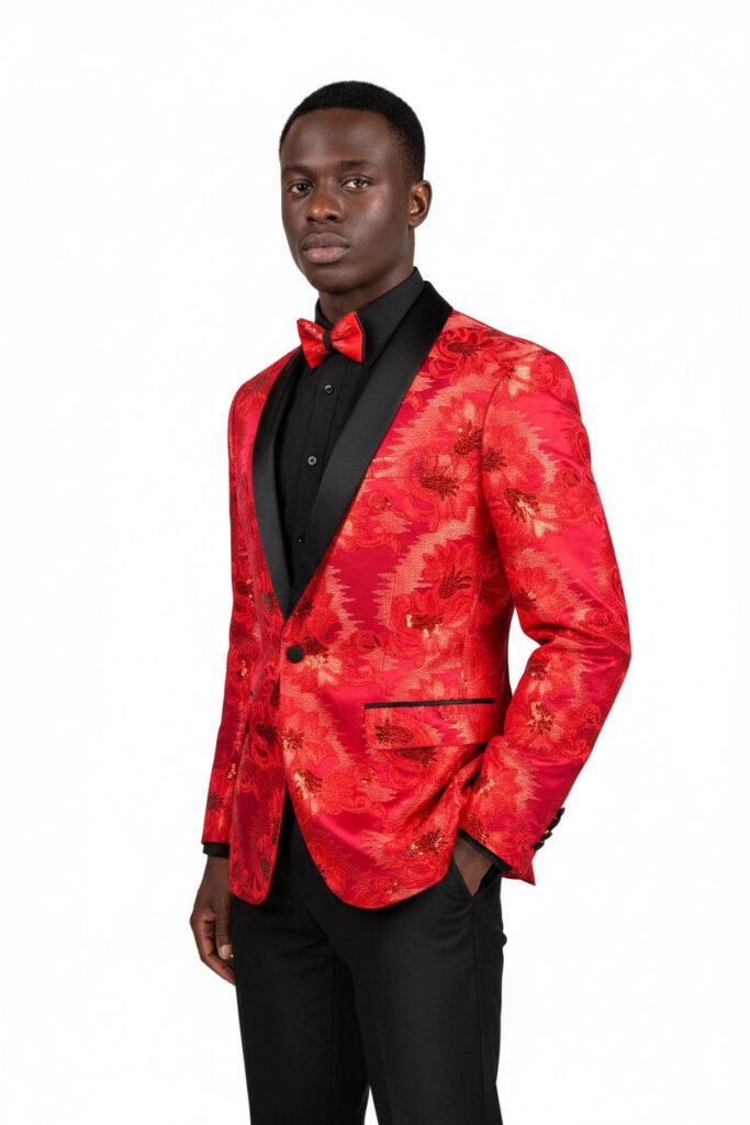 Red Men's Slim-Fit Embroidery Floral Tuxedo Blazer - Shawl Lapel BSF-13