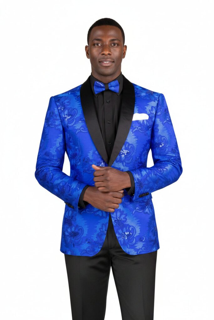 Royal Blue Men's Slim-Fit Embroidery Floral Tuxedo Blazer - Shawl Lapel BSF-13
