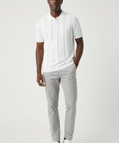 Men's White Kint Polo zip collar - Textured Slim Fit
